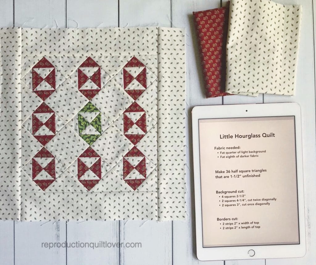 Hourglass quilt top with cutting instructions.
