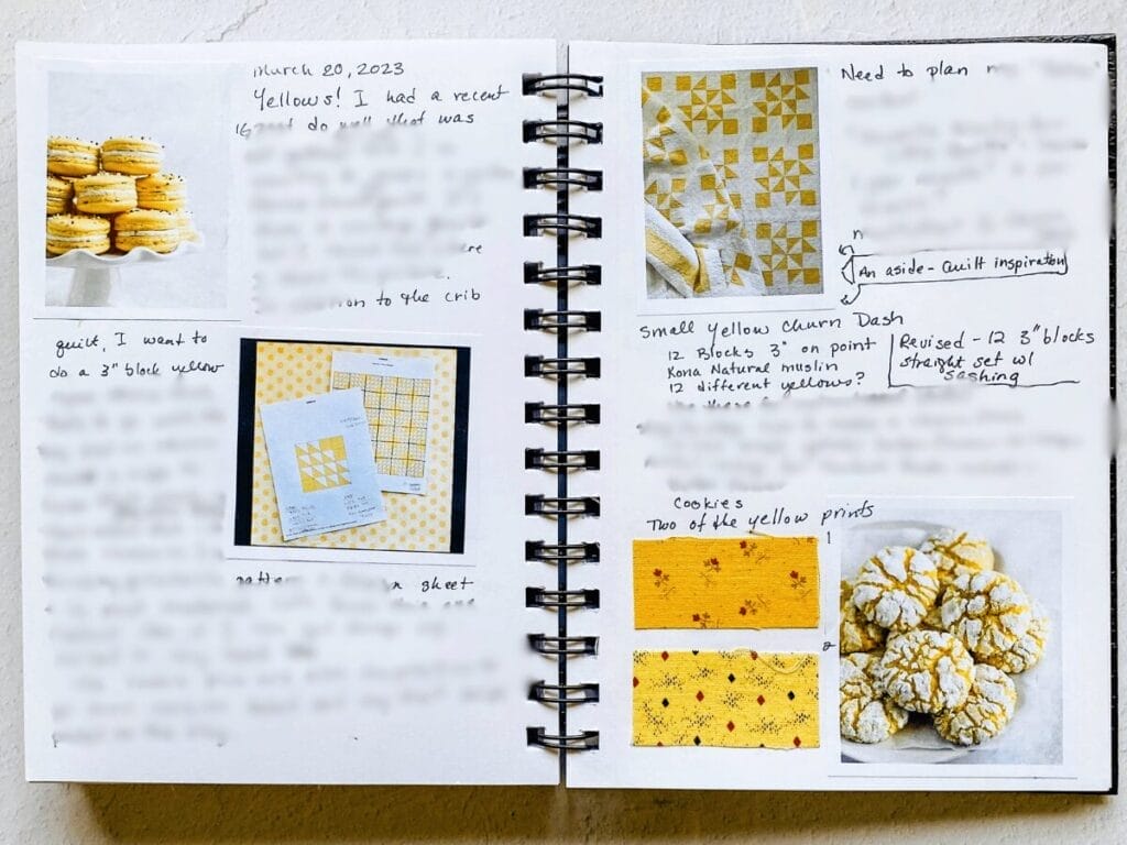 Inside a quilt journal with yellow images and yellow fabric