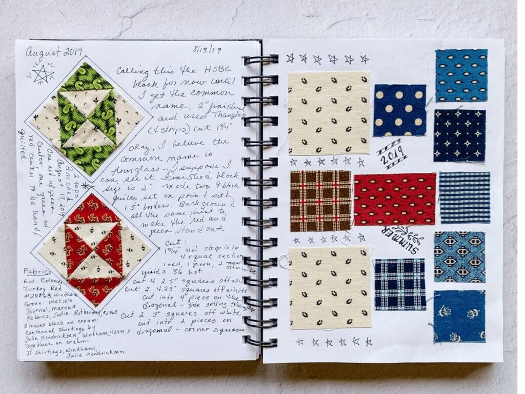 Quilt journal with fabric and block samples
