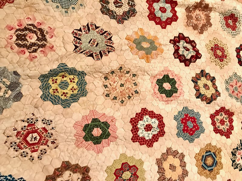 Detail photo of 19th century hexagon quilt