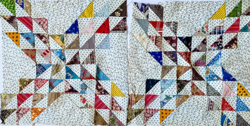 Two antique multi color ocean waves quilt blocks