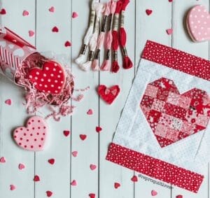 Festive Valentines vignette with small quilt